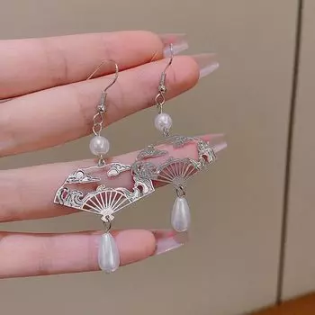 Милые серьги-подвески с жемчугом, креативные длинные серьги-кисточки, элегантные серьги-веера для женщин серебряный