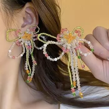 Милые серьги с цветочным бантом и рисовыми бусинами, ручная работа, подвеска с кисточкой, супер фея, серьги-гвоздики для женщин 02