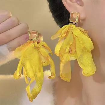 Милые серьги с длинной кисточкой из ткани и цветов для женщин, серьги-подвески с кристаллами, для вечеринки, свадьбы, ювелирный подарок 2025 янтарь