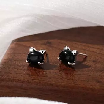 Милые серьги с головой кошки из черного агата для женщин, повседневные студенческие серьги с нишевым дизайном