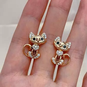 Милые серьги с котенком для женщин, серьги в форме животных и кошек с кубическим цирконием, модные уникальные серьги-клипсы, ювелирные изделия золотой