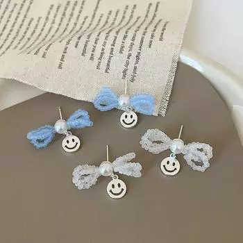 Милые серьги-смайлик с кристальным бантом и жемчугом, женские, нишевые, индивидуальные, модные, простые, универсальные серьги