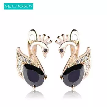 Милые серьги в форме лебедя с английской застежкой для женщин и девочек, черные стразы, цирконий Brinco, золотой цвет, букле д орей белый