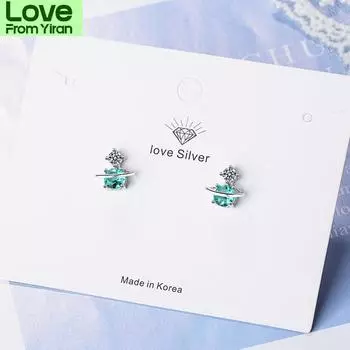 Милые серьги в виде зеленой планеты Вселенной из стерлингового серебра 925 пробы с блестящим цирконом для женщин и девочек, модные ювелирные изделия S-E741