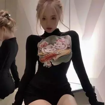 Милые сексуальные кавайные футболки с принтом кота, женские винтажные короткие футболки с полувысоким воротником Y2k, укороченные топы с тонкой талией, узкие желтые футболки S чёрный