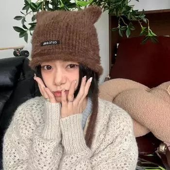 Милые шапки-бини с кошачьими ушками, женские корейские милые шапки-бини из искусственной норки со шнуровкой, теплые флисовые шапки-ушанки Gorros Invierno Mujer 56-58cm белый