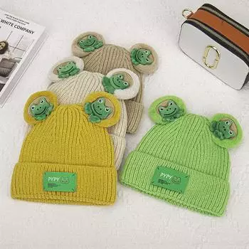 Милые шапки-лягушки, зимние мультяшные шапки, теплые, унисекс, модные, кавайные, вязаные, женские, лыжные, шапочки, костюм, аксессуар 56-58cm хаки