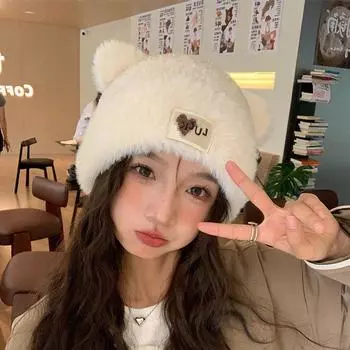 Милые шапочки Love Beanies женские однотонные пушистые меховые шапки-пуловеры зимние теплые плюшевые шапки для защиты ушей корейские девушки бархатные вязаные шапки M56-58cm