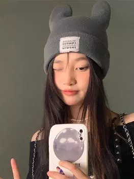 Милые шерстяные шапки с ушками, корейская тонкая вязаная шапка с буквами, однотонная женская шапка с холодным узором, шапка Gorros Invierno Nia 56-58cm чёрный
