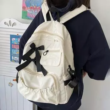 Милые школьные сумки с бантом для колледжа, контрастные нейлоновые рюкзаки для учеников младших классов средней школы, большая вместимость, сумка через плечо для девочек-подростков чёрный