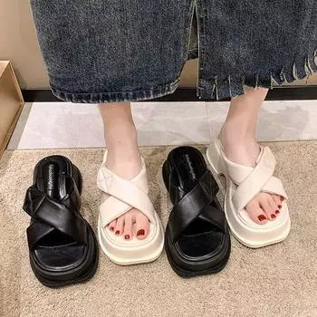 Милые шлепанцы, женские шлепанцы, необычные туфли на высоком каблуке на толстой подошве, обувь на плоской платформе, женские летние шлепанцы, большие размеры, Zapatillas Mujer 35 бежевый