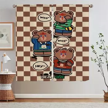 Милые шторы с изображением медведя для кухни, шторы из 2 предметов, современное украшение для дома, тюль с щупальцами, кудри для штор на кухне W50xH70cmx2pcs-CL