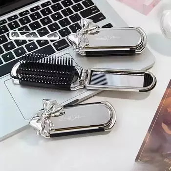 Милые складные домашние мини-щетки для волос с бантом, женские портативные двойного назначения для маленьких девочек, съемные, массажные, для кожи головы, с подушкой безопасности и зеркалом