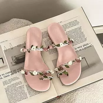 Милые стильные босоножки на высоком каблуке женские новые цветочные крестики с модным летним платьем в стиле Мэри Джейн на каблуке-скосе классные тапочки 35