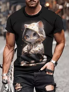 Милые стильные мужские футболки с принтом в виде кота с 3D-дизайном, повседневные удобные летние топы с короткими рукавами и круглым вырезом для мужчин S чёрный