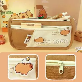 Милые сумки-карандаши Capybara для детей, ткань Оксфорд, симпатичный значок Capybara, сумка-карандаш для школьников, держатель для школьных канцелярских принадлежностей кофейный