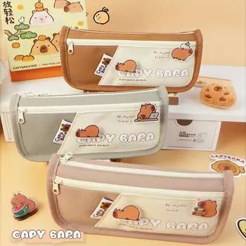 Милые сумки-карандаши Capybara для детей, ткань Оксфорд, симпатичный значок Capybara, сумка-карандаш для школьников, держатель для школьных канцелярских принадлежностей кофейный
