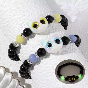 Милые светящиеся браслеты с изображением кошек для женщин и мужчин, черно-белые, с головой животного, цепочка на руку, ручная работа, регулируемая, светится в темноте, подарок D