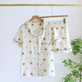 Милые свежие напечатанные морщинистые шорты из чистого хлопка пижамные комплекты женские милые двойные марлевые морщинистые хлопковые пижамы пижама Feminino M