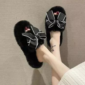 Милые тапочки с открытым носком и бантом, толстая подошва, женская осенняя модная верхняя одежда для дома, корейские повседневные шлепанцы с мягкой подошвой и мехом на платформе 35