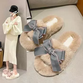 Милые тапочки с открытым носком и бантом, толстая подошва, женская осенняя модная верхняя одежда для дома, корейские повседневные шлепанцы с мягкой подошвой и мехом на платформе 35