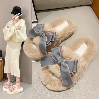Милые тапочки с открытым носком и бантом, толстая подошва, женская осенняя модная верхняя одежда для дома, корейские повседневные шлепанцы с мягкой подошвой и мехом на платформе 35