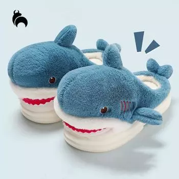 Милые тапочки с рисунком акулы для женщин, зимние осенние домашние тапочки для мужчин, нескользящие теплые плюшевые тапочки унисекс 36-37 синий