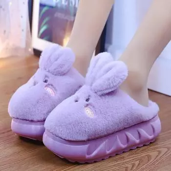 Милые тапочки с толстым дном в виде кролика 2024 года, новые женские осенне-зимние плюшевые теплые хлопковые тапочки, женские домашние тапочки для улицы 36 фиолетовый