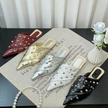 Милые тапочки, женские шлепанцы, обувь на квадратном низком каблуке для женщин, однотонные сабо, летняя обувь с острым носком и заклепками, Zapatillas Mujer 35 бежевый