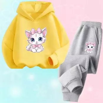 Милые толстовки и штаны с принтом мультяшного кота для девочек, комплекты одежды, костюмы для девочек, милые топы для детей, наряды для девочек, спортивные костюмы 100