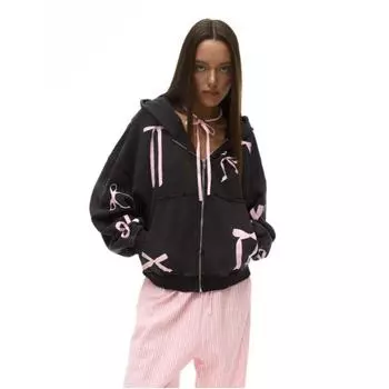 Милые толстовки с принтом бантов Y2k, женские черные толстовки с капюшоном на молнии, свободные повседневные милые толстовки с капюшоном в стиле Харадзюку S чёрный