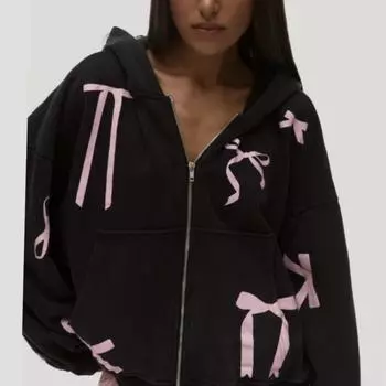 Милые толстовки с принтом бантов Y2k, женские черные толстовки с капюшоном на молнии, свободные повседневные толстовки Cutecore с капюшоном на молнии S чёрный