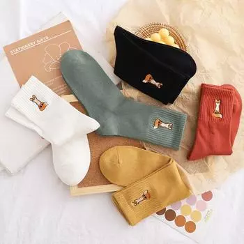 Милые толстые средние носки с вышивкой лисы, хлопковые дышащие однотонные женские носки, осенне-зимние носки с героями мультфильмов, Sokken для девочек чёрный