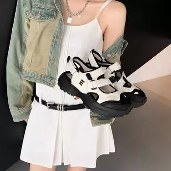 Милые тонкие сандалии Мэри Джейн на толстой подошве женские на липучках уродливые милые пляжные туфли женские модные и удобные 35 чёрный