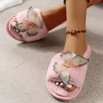 Милые трехмерные пушистые тапочки-бабочки, женские мягкие хлопковые тапочки с открытым носком, женские нескользящие пушистые теплые домашние туфли 36-37
