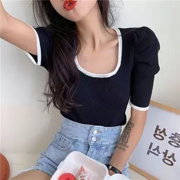 Милые трикотажные футболки для девочек с квадратными воротниками и рукавами-фонариками, модные футболки для женщин, одежда для вечеринок и клубов, женские футболки M чёрный
