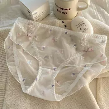 Милые трусики для женщин, сексуальное сетчатое нижнее белье, романтические трусы с вышивкой и оборками на бедрах M