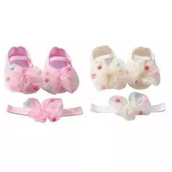 Милые туфли для крещения для маленьких девочек, обувь принцессы с мягкой подошвой и бантом, прогулочная обувь на мягкой подошве для малышей, комплект с повязкой на голову, От 0 до 18 месяцев L