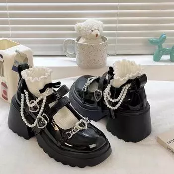 Милые туфли Лолиты с пряжкой в форме сердца, женские лакированные кожаные туфли на платформе Мэри Джейн, женские туфли-лодочки на массивном каблуке с металлическими украшениями, 2023 37 чёрный