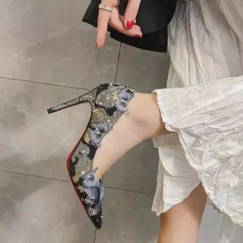 Милые туфли на высоком каблуке с изображением бабочки и стразами, женские туфли-лодочки, весна 2025, сексуальные туфли с острым носком на тонком каблуке 34 чёрный