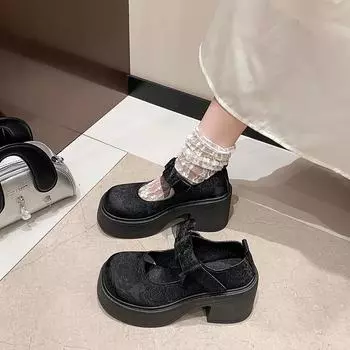 Милые туфли на высоком каблуке, женские осенние туфли Мэри Джейн на толстом каблуке, модные кожаные туфли, роскошные одиночные туфли, женская обувь 35