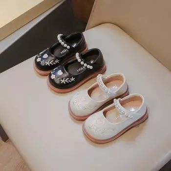 Милые туфли принцессы для девочек, кожаные туфли, элегантные детские туфли с вышивкой, модные повседневные черные туфли для школьников 2024 года, новинка 22 чёрный