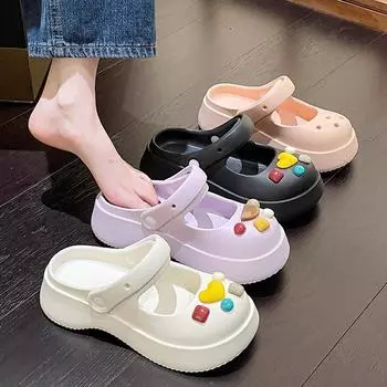 Милые туфли с дырочками из ЭВА, женская летняя новая верхняя одежда, нескользящие дышащие тапочки Мэри Джейн Baotou 35-36 чёрный