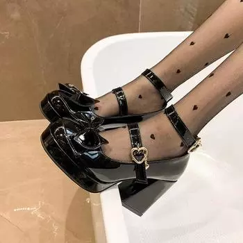 Милые туфли в стиле Лолиты Kawaii, женские туфли Мэри Джейн с бантом, маленькие кожаные туфли с пряжкой в форме сердца для девочек, обувь для косплея 4.5 чёрный