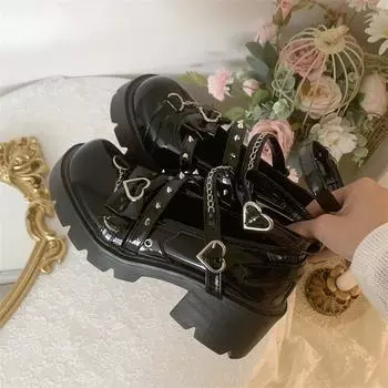 Милые туфли в стиле Лолиты с пряжкой в форме сердца, женские туфли в стиле косплея с металлической цепочкой, женские туфли в готическом стиле из искусственной кожи на платформе 4.5 чёрный