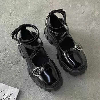 Милые туфли в стиле Лолиты, женская обувь с круглой головкой на толстом каблуке и перекрестной повязкой, кавайная обувь, туфли Мэри Джейн для косплея, с пряжкой в форме сердца, S1 37