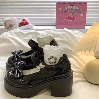 Милые туфли в стиле Лолиты, женские лакированные туфли на платформе, женские туфли Мэри Джейн с бантом и металлическим украшением, туфли-лодочки на массивном каблуке 37 чёрный