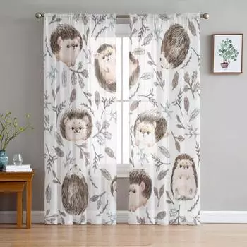 Милые тюлевые шторы в стиле бохо с животными и ежиком для гостиной, прозрачные занавески для спальни, вуаль из органзы, декоративные украшения для окон 135W x 114H(cm)