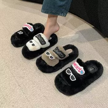 Милые удобные тапочки с рисунком для женщин 2024 года, осень-весна, новая домашняя шерстяная обувь, модные пушистые тапочки для женщин на среднем каблуке 35 хаки