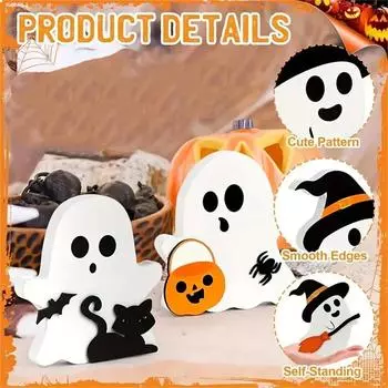 Милые украшения на Хэллоуин в виде привидения для помещений, жуткий декор, деревянный поднос, декоративный знак для стола, черная кошка, метла, тыквенные блоки для вечеринки, полка для дома One Size